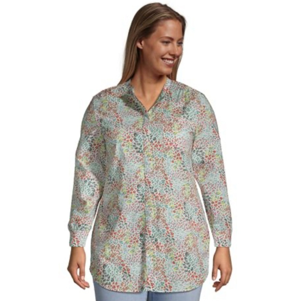 Lands' End Women's Plus Size Cotton A-Line Long Sleeve Floral Tunic Top